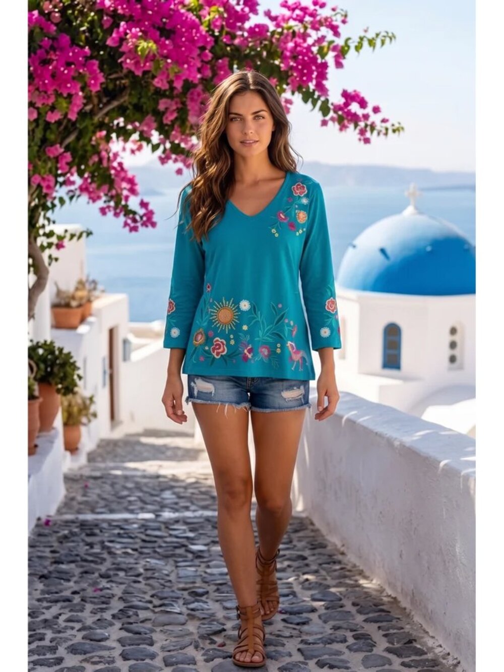 Johnny Was Ziviana Trapunto Tee Floral Embroidery Cotton Shirt Tile Blue Top NEW